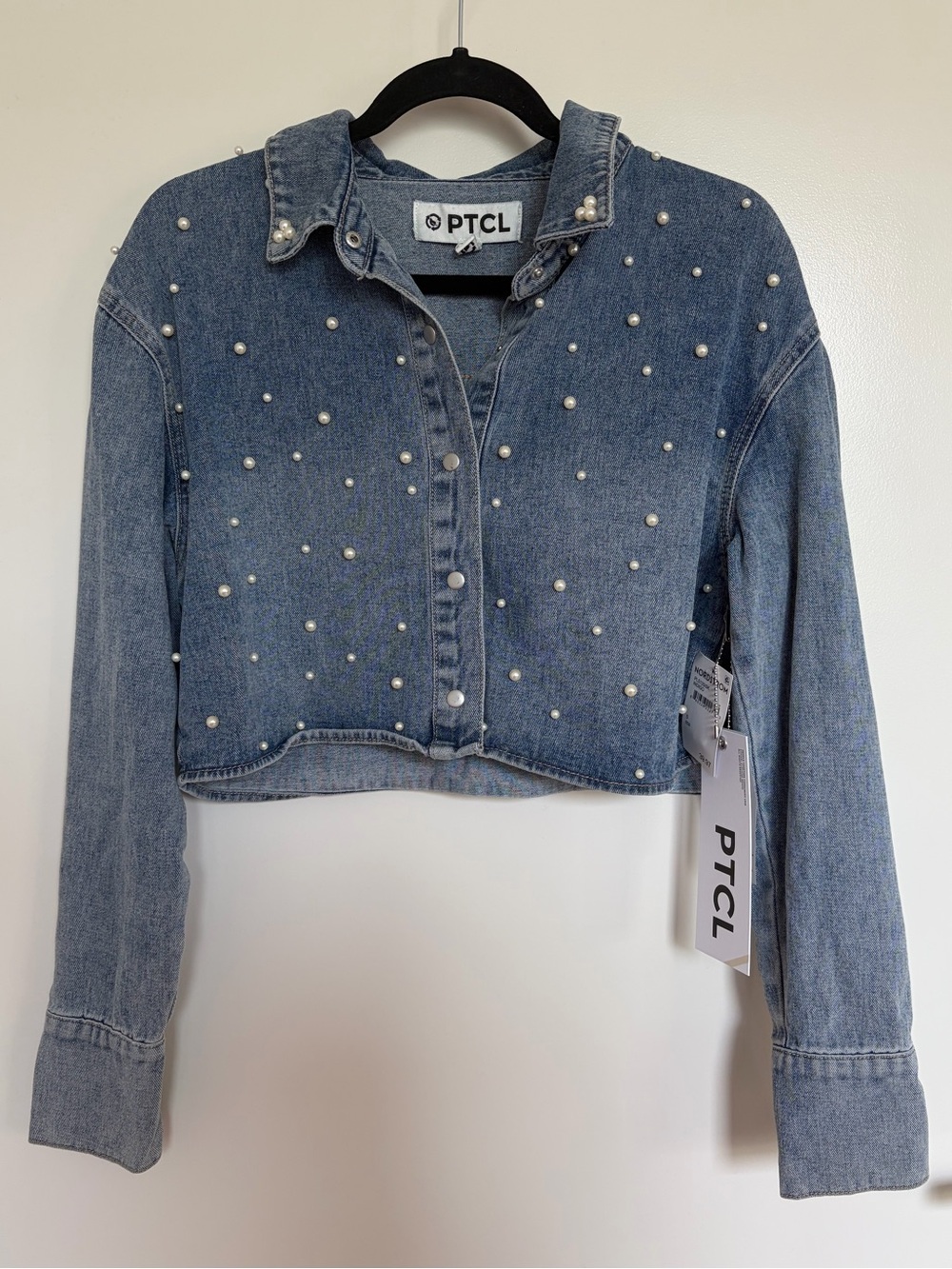 PTCL Pearl-Embellished Cropped Denim Jacket - Blue